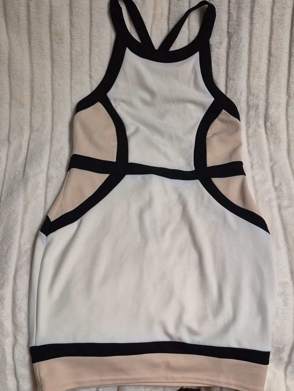 Entry White & Beige Colorblock Tank Dress with Black Trim